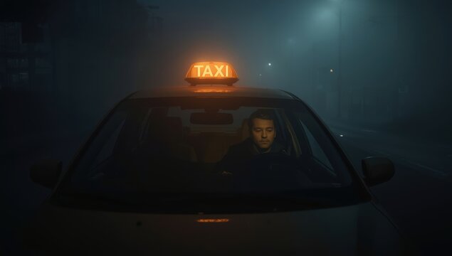A lone taxi driver navigates through a foggy mysterious nighttime street in an urban setting - Powered by Adobe