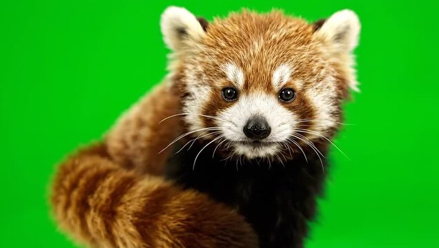 Cute Red Panda Looking at Camera on Green Screen Background - Adorable Wildlife Animal Close-up