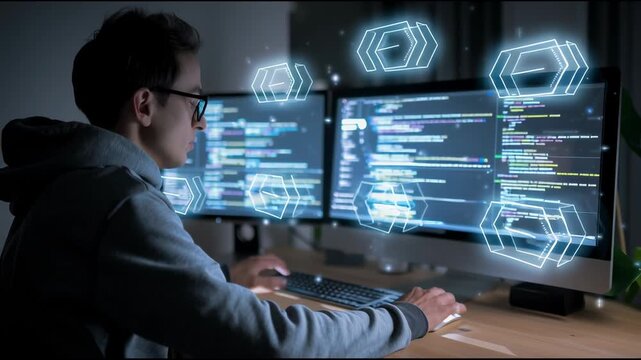 Person coding on dual monitors, floating holographic code brackets icon glowing
