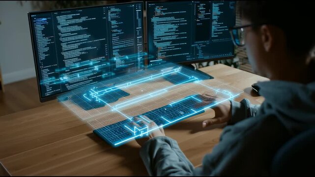 Person coding on dual monitors, floating holographic code brackets icon glowing
