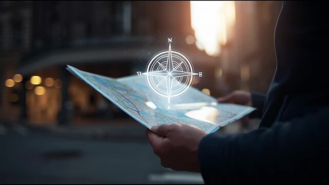 Tourist holding map in city street, floating glowing compass icon mid-air
