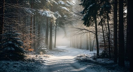 Sunlight Piercing Through Foggy Winter Forest Path with Snow-Cov