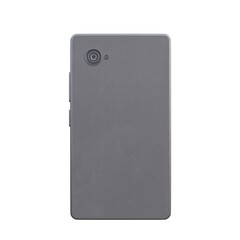 3D illustration of the back side of a modern smartphone featuring a camera lens and sleek gray body. Ideal for technology, mobile app, fintech, and communication concepts, Isolated on White Background