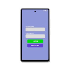 3D render of a smartphone displaying a login and registration screen interface representing mobile banking, fintech app authentication, user account access, cybersecurity, Isolated on White Background