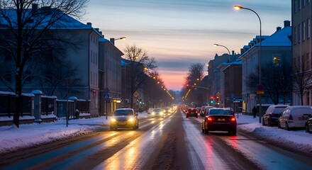 Winter Evening Commute: Cars on Snowy Street at Dusk with Street