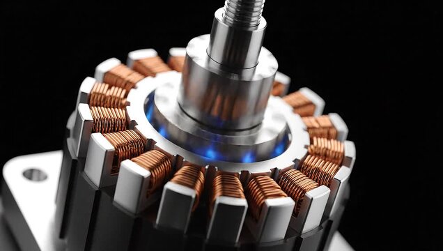 Detailed View of Electric Motor Internal Components with Copper Windings and Blue Energy