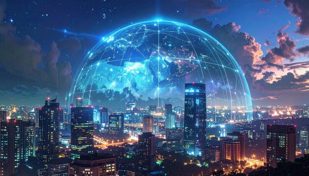 Metropolis shielded by ethereal global network dome - Powered by Adobe