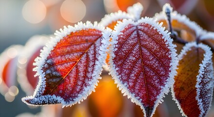 Frost-Kissed Autumn Leaves Displaying Vivid Red and White Crysta