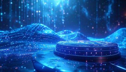 Futuristic platform amidst digital data streams