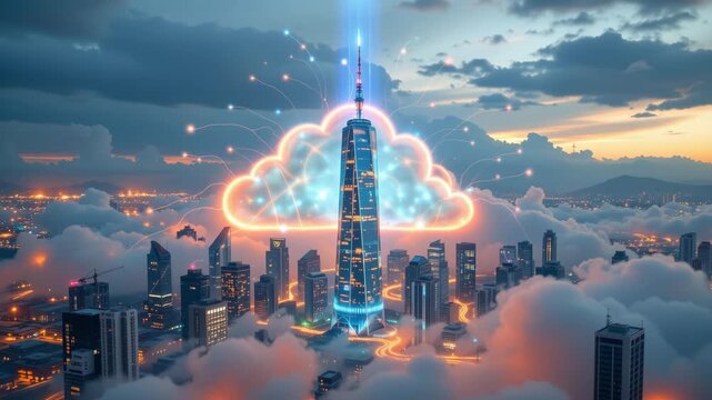 Skyscraper in the Clouds: A futuristic cityscape where a towering skyscraper pierces through the clouds, symbolizing technological advancement and digital connection.