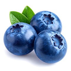 Obraz premium Close-up of three ripe blueberries with green leaves