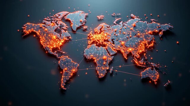 Global Network: A luminous map of the world is ablaze with a network of interconnected dots, symbolizing the intricate web of global connections.