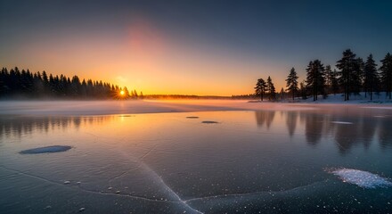 Frozen Lake at Dawn: Sunburst Through Trees and Ice Patterns