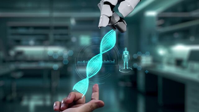 Robot and human reaching hand and pointing finger with DNA holographic floating. Close up of robotic hand and human working together while pointing finger at blurred laboratory background. Salubrious.