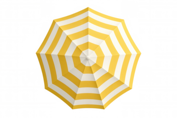Beach umbrella with yellow and white stripes providing shade for summer vacation and holiday activities