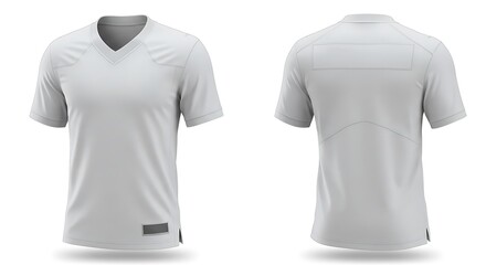 Blank white football jersey with sleeve cuffs and collar, front and back views, empty space for customized name and number design.