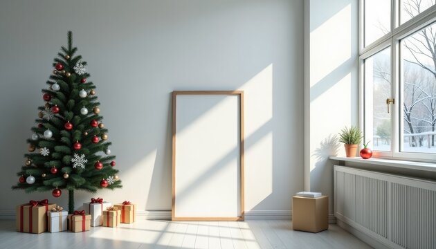 Christmas tree decorated with ornaments in modern living room  