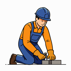 An illustration depicts a construction worker kneeling, meticulously measuring a block, showcasing precision and dedication to the task at hand.