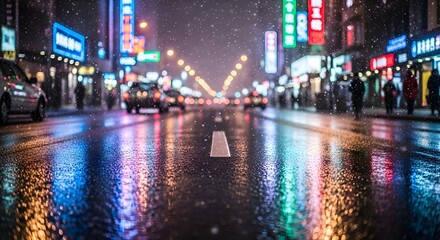 Naklejka premium Snowy Night Cityscape: Neon Reflections on Wet Asphalt Road