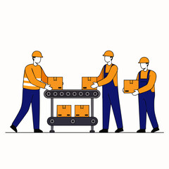 Illustration of warehouse workers managing boxes on a conveyor belt, streamlining logistics and distribution processes.