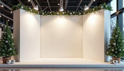 Empty exhibition space with Christmas decorations and lights  
