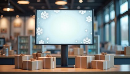 Computer monitor displaying winter-themed graphics with gift boxes  