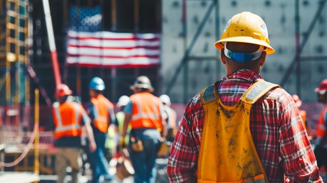 A group of construction workers wearing hard hats safety vests and other protective equipment are on a job site overseeing the progress of a building or infrastructure project