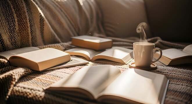 Cozy reading nook with steaming coffee and open books on a textu