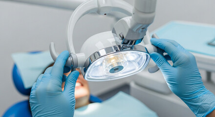 Dentist adjusting examination lamp over patient in dental chair, closeup on hands in blue gloves and light