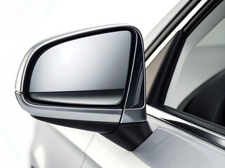 A close up shot of a car side mirror showing the reflective surface and the car's exterior design details