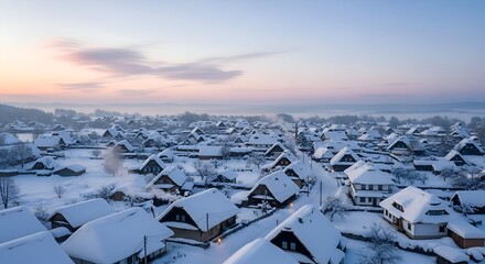 Aerial View of Snowy Village at Dawn with Pink and Blue Sky