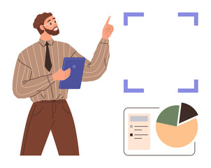 Man holding clipboard and pointing to analysis area with graphs and statistics. Ideal for presentation, data interpretation, business planning, teamwork, education, market research, simple flat