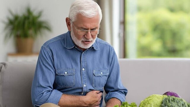 Older man in blue shirt sits clutching stomach with pained expression vegetables nearby
