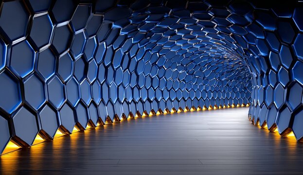 Blue and yellow tunnel with hexagonal shapes. The tunnel is lit up with yellow lights. The tunnel is long and narrow - Powered by Adobe