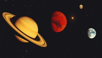 Fototapeta premium A Stunning Cosmic Panorama Featuring Saturn Its Rings Jupiter and Earth in the Vastness of Space Amongst Distant Stars