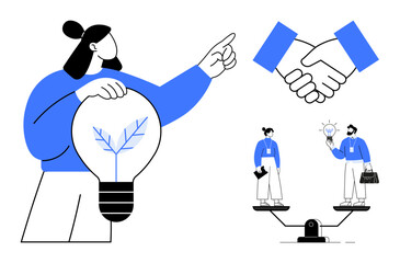Person holding lightbulb with leaf design, handshake, and balanced scales with colleagues. Ideal for collaboration, sustainability, innovation, equality, teamwork, partnerships and decision-making