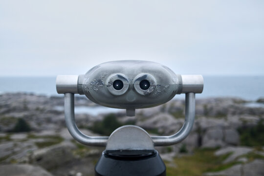 Metallic Coin Operated Viewer Overlooking a Coastal Ocean Scene on an 