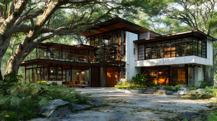 Obraz premium Large house with a lot of trees surrounding it. The house is white and has a lot of windows