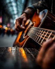 Fototapeta premium Man is playing a guitar on a street corner. The image has a moody and artistic feel to it