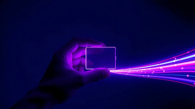 Hand holding futuristic transparent square with glowing light trails on dark background in studio - Powered by Adobe