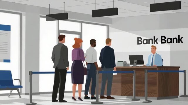 Diverse people queueing at a modern bank counter, waiting for service from a bank employee. Financial services, customer interaction, and banking transactions depicted.