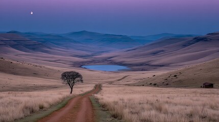 Road runs through a dry, barren landscape. The road is dirt and the sky is dark