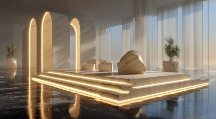 Room with a stone floor and a large window. The room is lit with a warm glow and has a modern, minimalist design