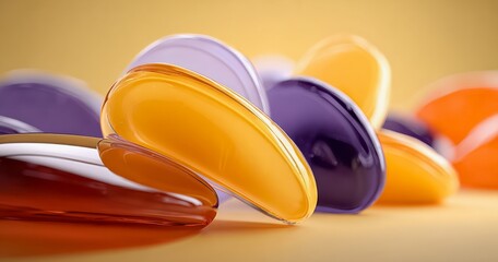Row of colorful jelly beans are displayed on a yellow background. The jelly beans are of various colors
