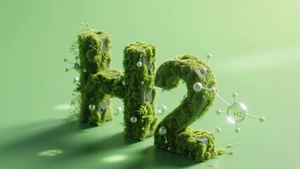 Green H2 moss letters with futuristic molecules symbolize clean hydrogen energy. Sustainable power, eco-friendly fuel, renewable technology. Earth-friendly innovation.
