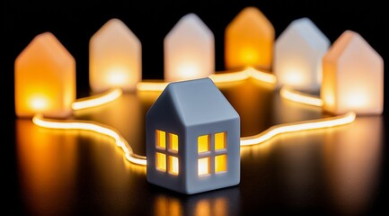 Row of houses with a white house in the middle. The houses are lit up with lights