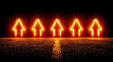 Row of five neon arrows pointing up. The image has a futuristic, high-tech feel to it