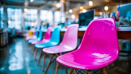 Row of pink and blue chairs are arranged in a room. The chairs are all different colors, with some being pink
