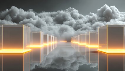 Series of cubes are reflected in the water, creating a sense of depth and space