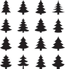 4x4 grid of 16 pine tree silhouettes vector ai eps jpeg png minimalist forest icon set